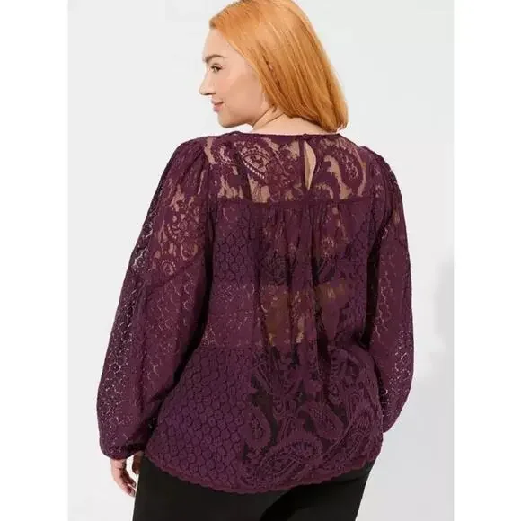 Torrid Lace Mix Long Sleeve Blouse Size 3X Purple Winter Bloom Whimsygoth NWT - Picture 4 of 11